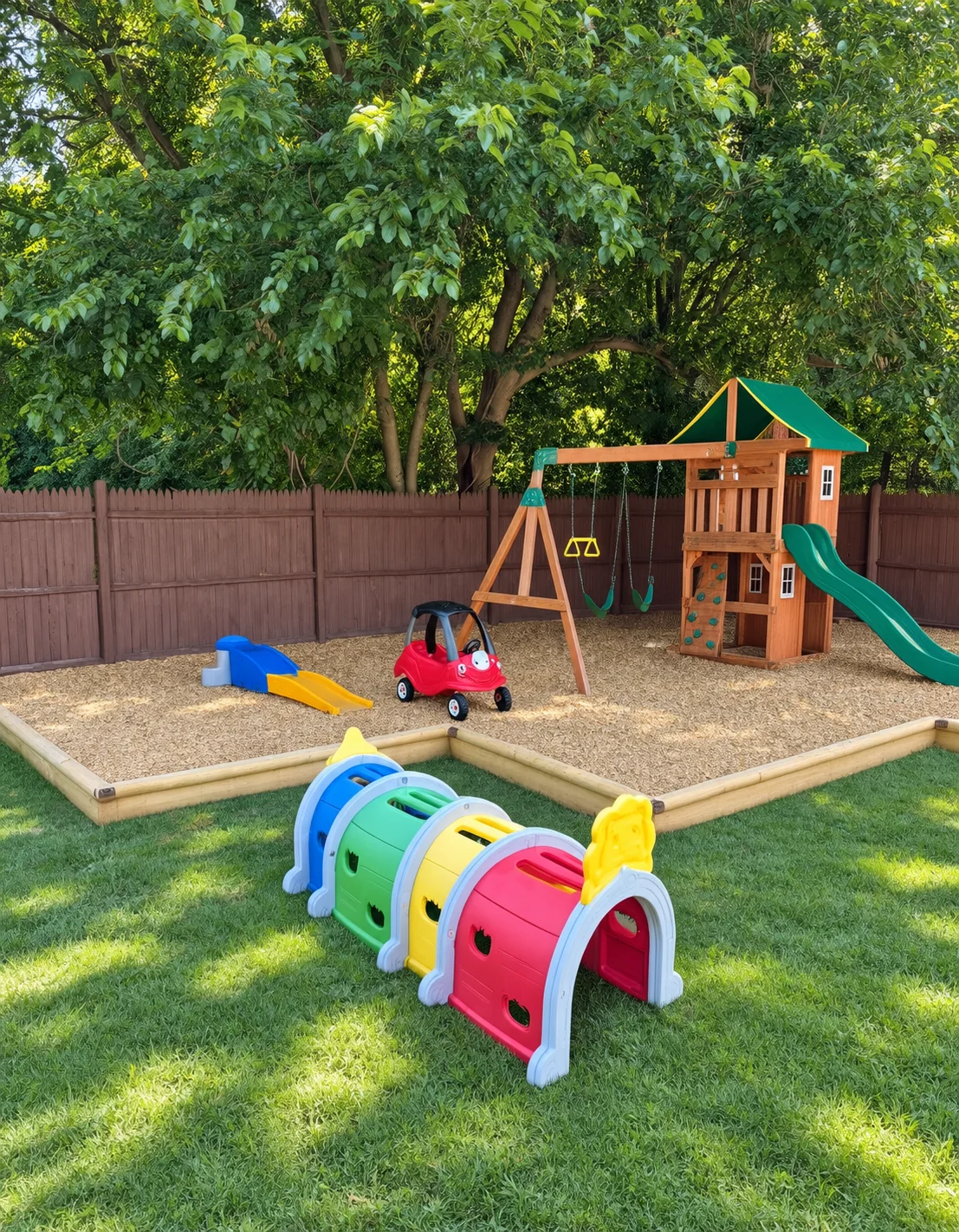 Outdoor play area with a wooden playset, slide and colorful activity tunnel.